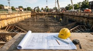 План фундамента и каска на столе на фоне строительной площадки с котлованом, арматурой и рабочими
